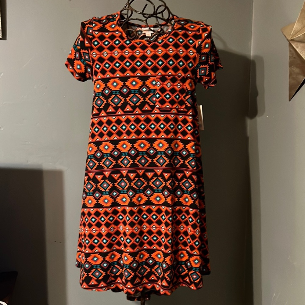 NWT Lularoe Carly Hi-Lo dress Sz XS in rust/green/black multi